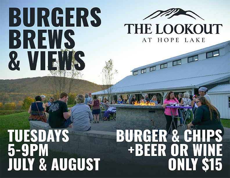 Burgers, Brews & Views at The Lookout every Tuesday in July and August!